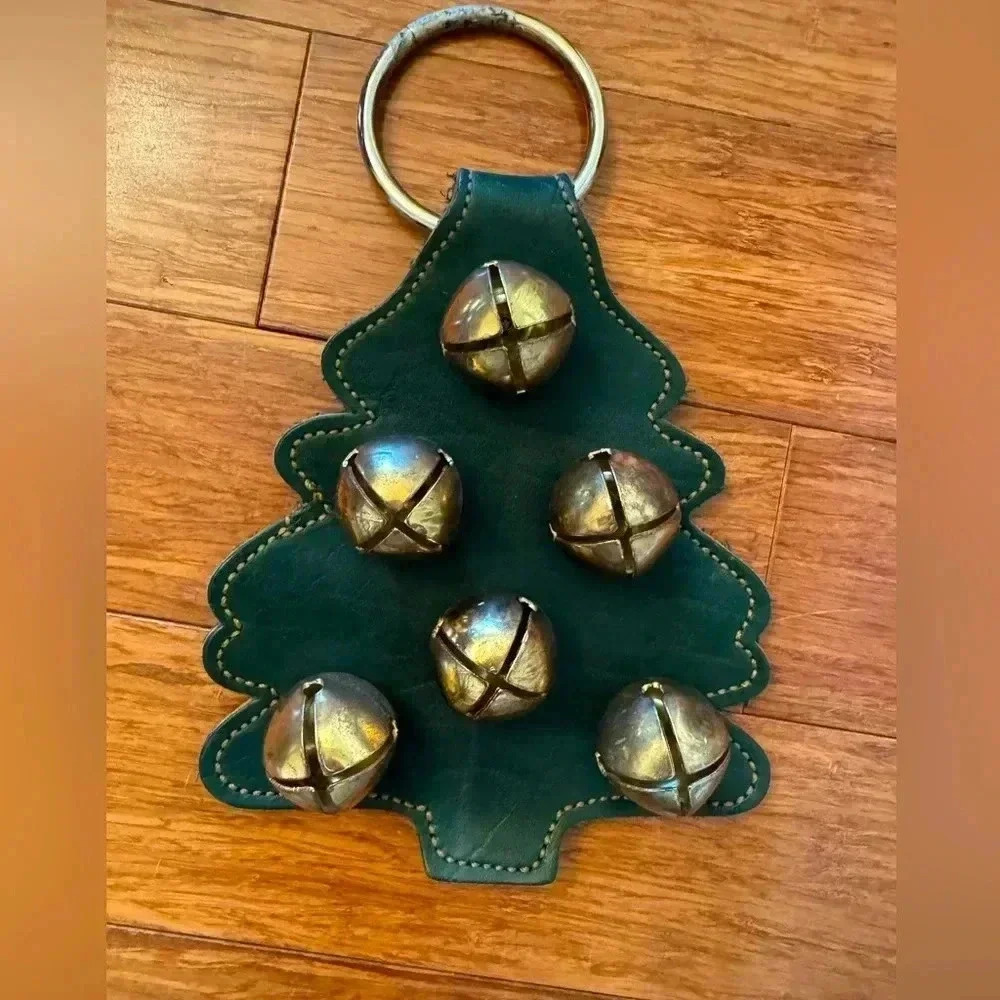 VTG Large Leather Green Tree with Brass Bells Sleigh Bell Door Hanger